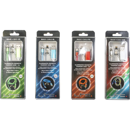 Magic-Cable-BL - Câble de Charge Magnétique multi embout USB micro/USB/Iphone  Lumineux Bleu - 1 m