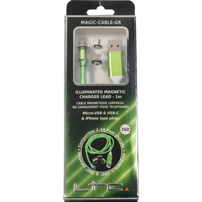 Magic-Cable-GR - Câble de Charge Magnétique multi embout USB micro/USB/Iphone  Lumineux Vert - 1 m