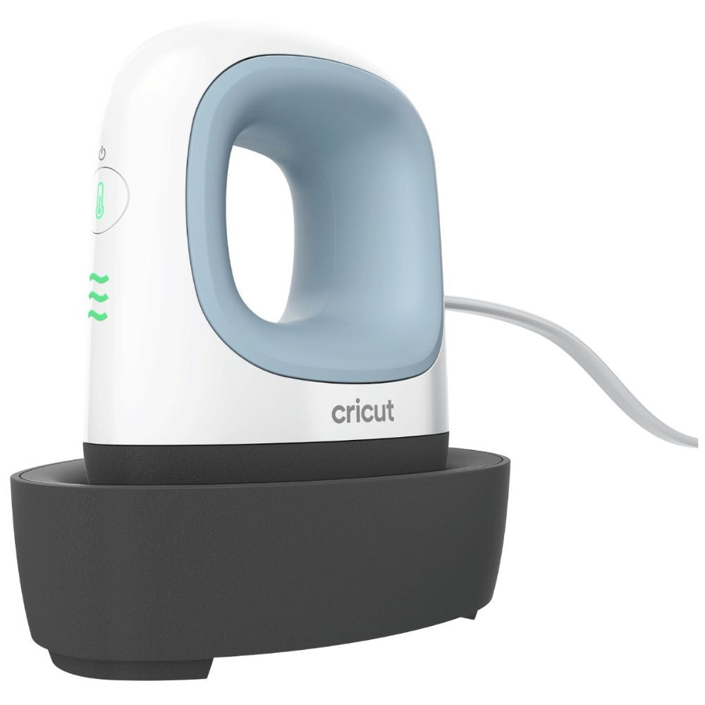 Cricut EasyPress Mini Presse à Chaud Portable Zen Blue 3 présenté avec sa base