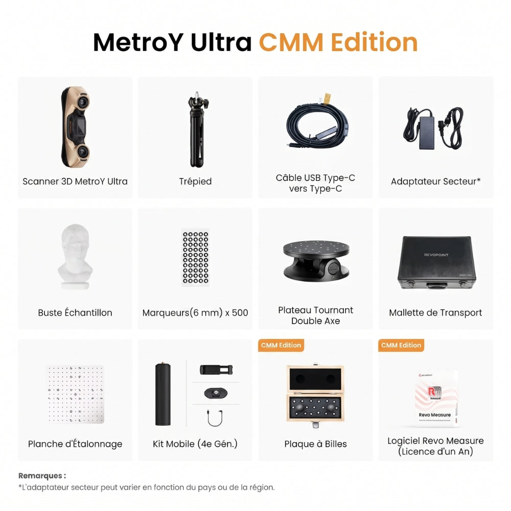 Revopoint - MetroY Ultra CMM Edition - Scanner 3D Sans Fil Performant pour Pièces Petites à Moyennes