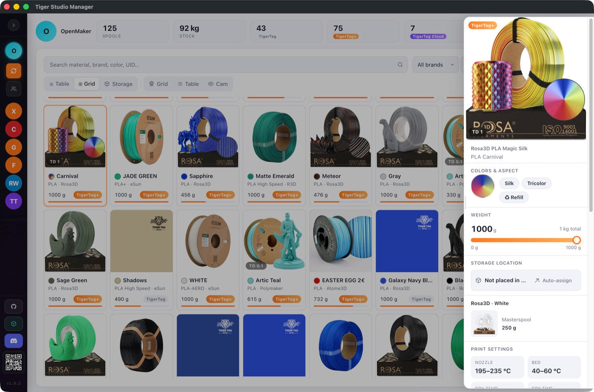 Tiger Studio Manager — l'inventaire complet des bobines, avec photos, couleurs et poids restant